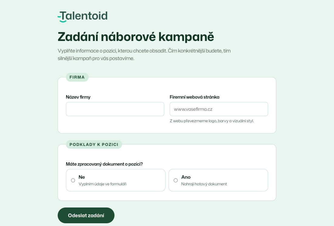 Formulář pro zadání náborové kampaně
